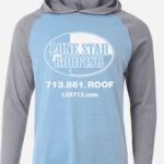 A blue and gray hooded shirt with the name of raine star roofing.