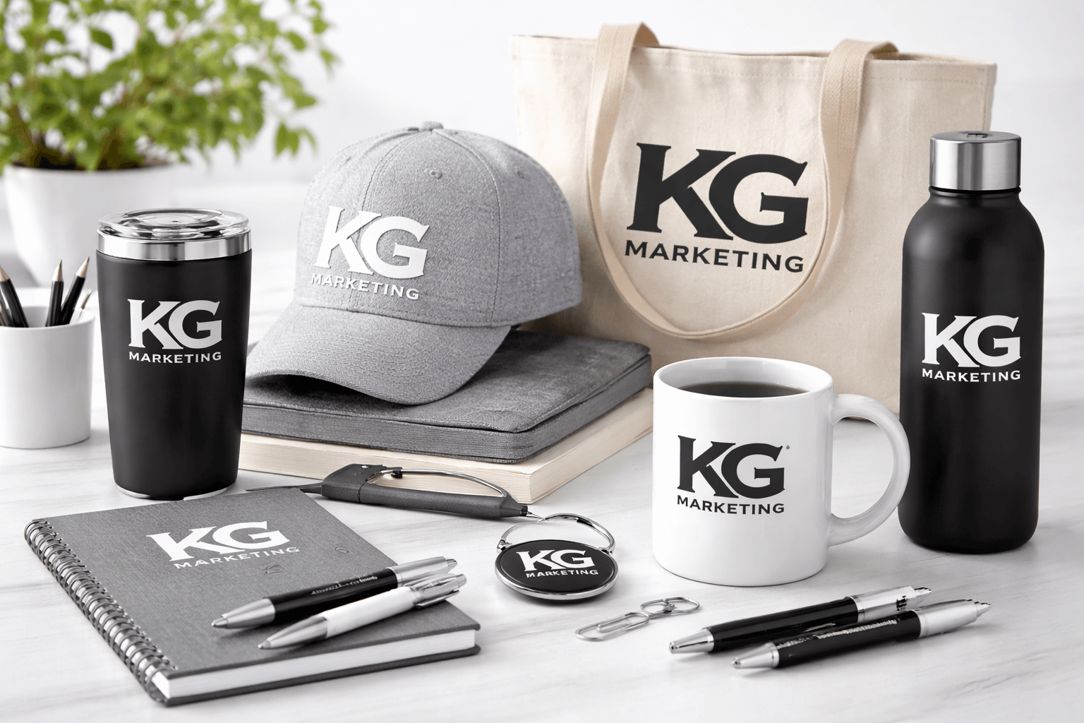 Promotional items with KG Marketing logo.